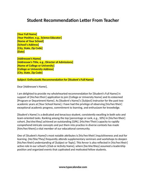 5 Free Templates: Recommendation Letter for a Student.